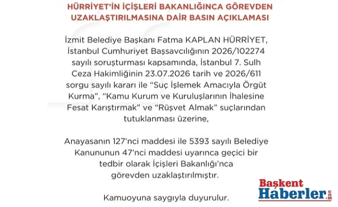 KOCAELİ İLİ İZMİT BELEDİYE BAŞKANI  İÇİŞLEREİNDEN FATMA KAPLAN HÜRRİYET’İN İÇİŞLERİ BAKANLIĞINCA GÖREVDEN UZAKLAŞTIRILMASINA DAİR BASIN AÇIKLAMASI